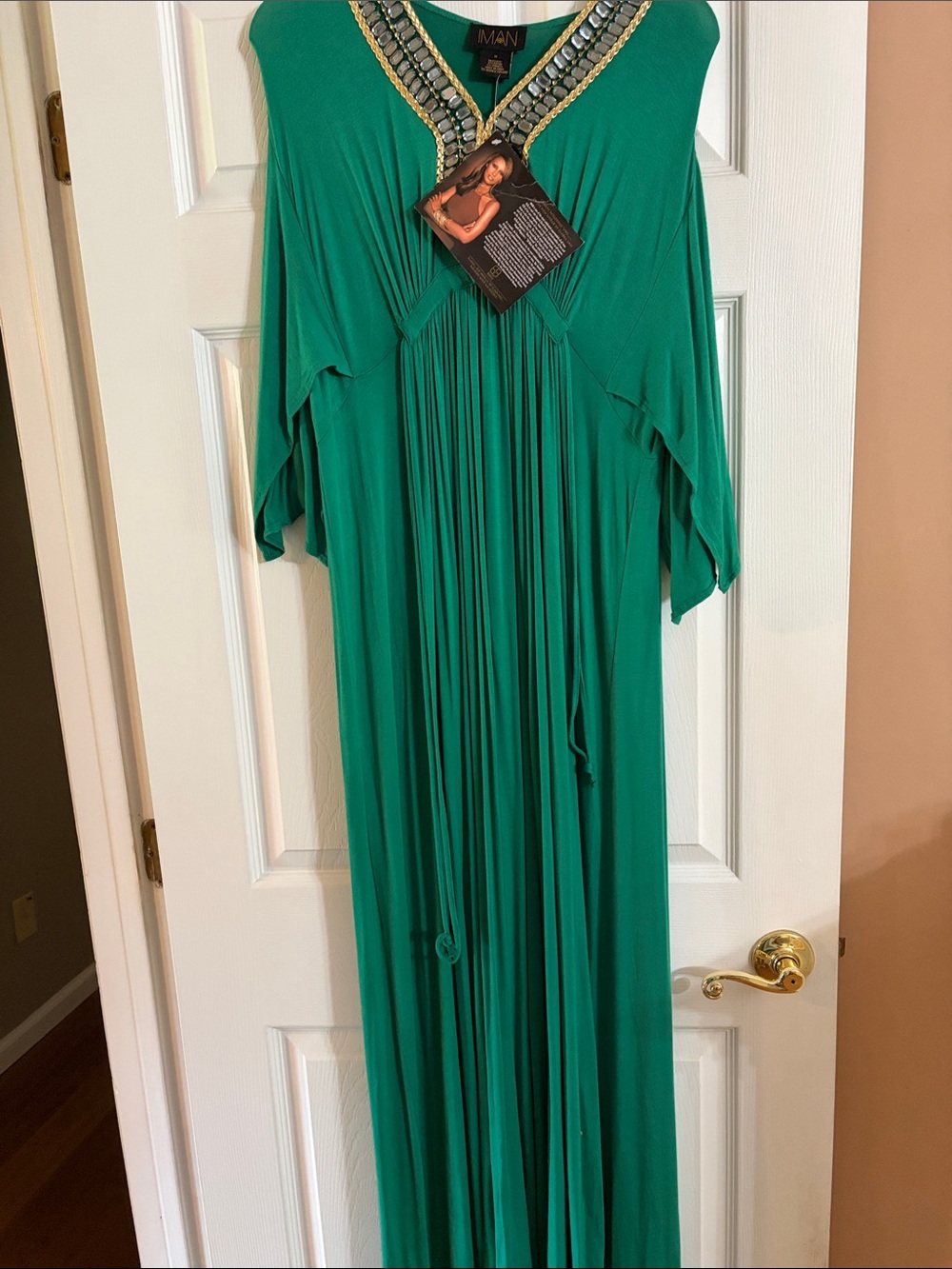 Iman Global Chic Emerald Green Maxi Dress with Embellished V-Neck